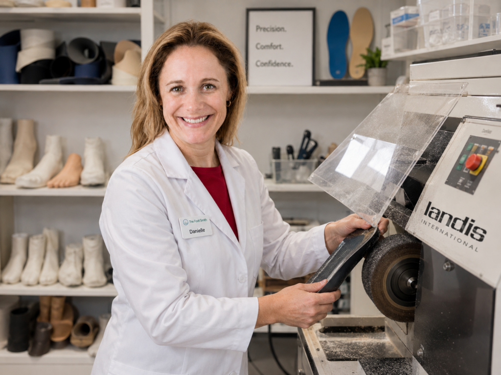 Danielle Molnar finishing a custom orthotic on a Landis grinder