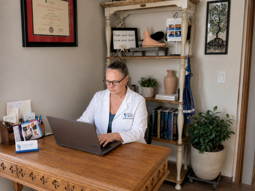 Danielle Molnar working at her computer in The Foot Smith office